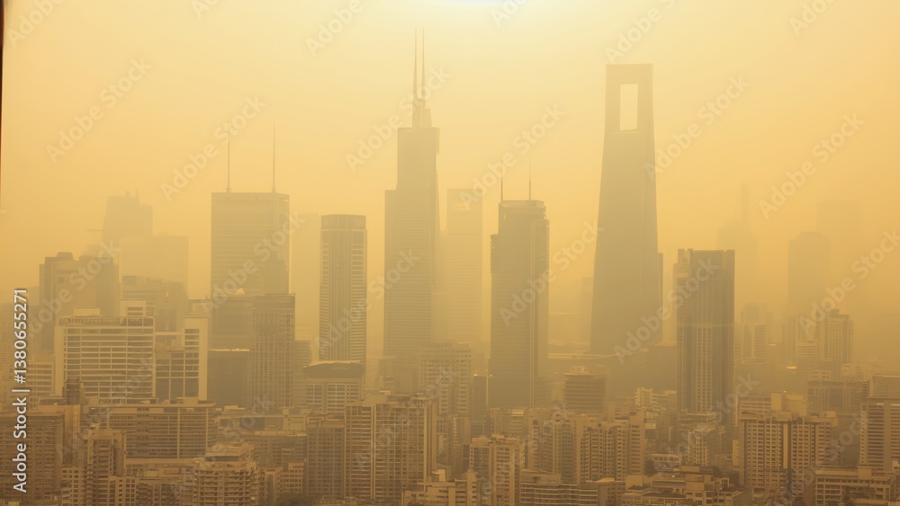 Obraz premium This image captures a long view of a polluted city skyline shrouded in a yellow haze, showcasing the stark impact of urban pollution on visibility and sunlight.