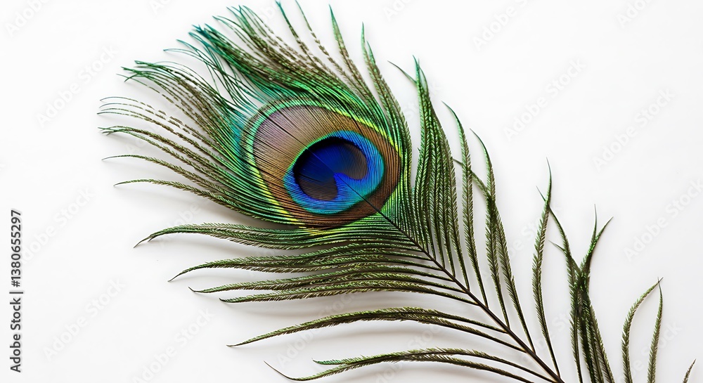 Obraz premium Single Peacock Feather, Eye Close-up, White Background AI Generated