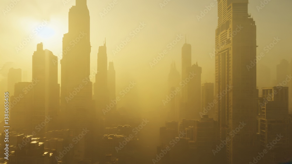 Obraz premium This long shot captures a polluted city skyline enveloped in a yellow haze with minimal sunlight. The atmospheric perspective emphasizes urban density and environmental concerns.