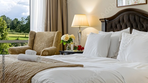 Elegant And Cozy Bedroom Interior With Luxurious Bedding And Scenic View Through Window