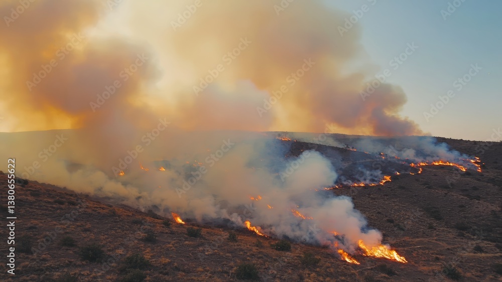Fototapeta premium A long shot captures a wildfire spreading rapidly across a dry hillside, with thick smoke billowing into a vivid sky at sunset. The scene portrays the intensity of nature’s forces.