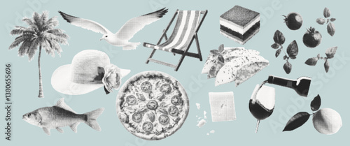 Mediterranean summer halftone collage elements pizza, palma tree, tomato, lemon, wine, seagull, fish, cheese, hat, beach lounger. Dolce vita aesthetics. Vector.