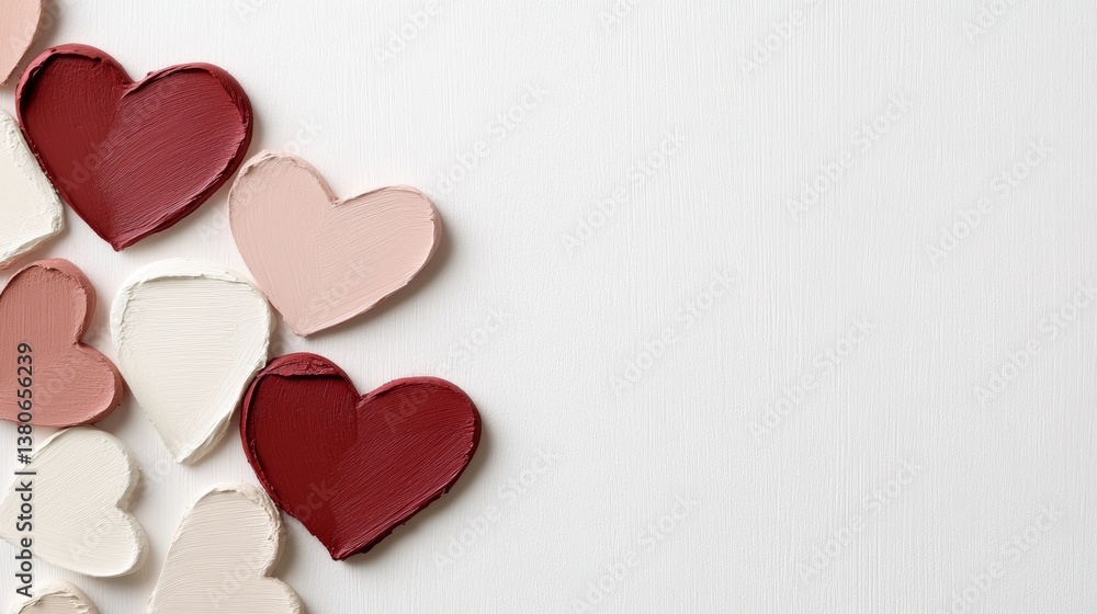 Group of hand-painted hearts in various colors arranged on a light background, ideal for decoration or celebration themes Group of hand-painted hearts in various colors arranged on a light background, ideal for decoration or celebration themes