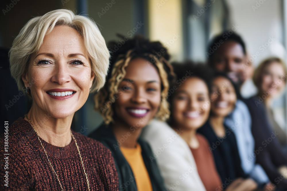 Obraz premium Smiling Faces and Team Spirit: Diverse Group of Women Embrace Generational Connection and Female Empowerment in a Joyful Community Setting