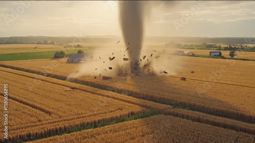 A dramatic tornado tears through lush farmland, lifting debris into the air. Vivid colors showcase the power and beauty of nature amidst chaos.