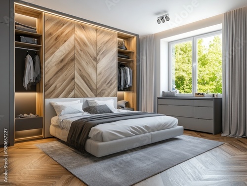 A modern bedroom interior features a bed and a wardrobe