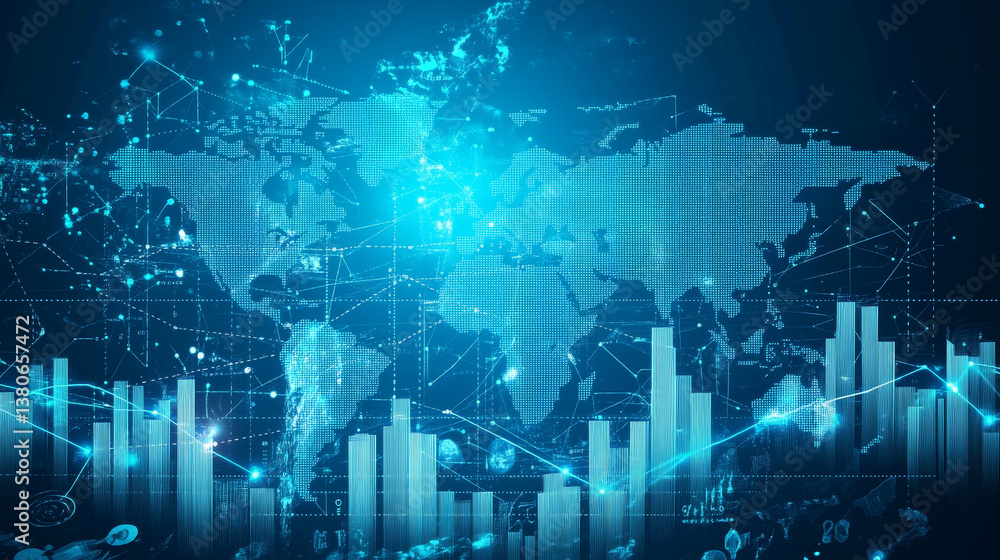 Obraz premium Healthcare business growth graph with global health network connection service on virtual screen. Medical technology and tourism, telemedicine, virtual hospital, healthcare and medicine background
