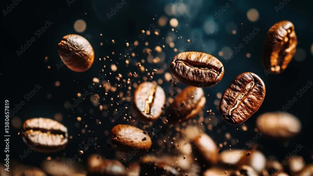 Roasted Coffee Beans in Motion Dark Background, Cinematic Lighting Roasted Coffee Beans in Motion Dark Background, Cinematic Lighting