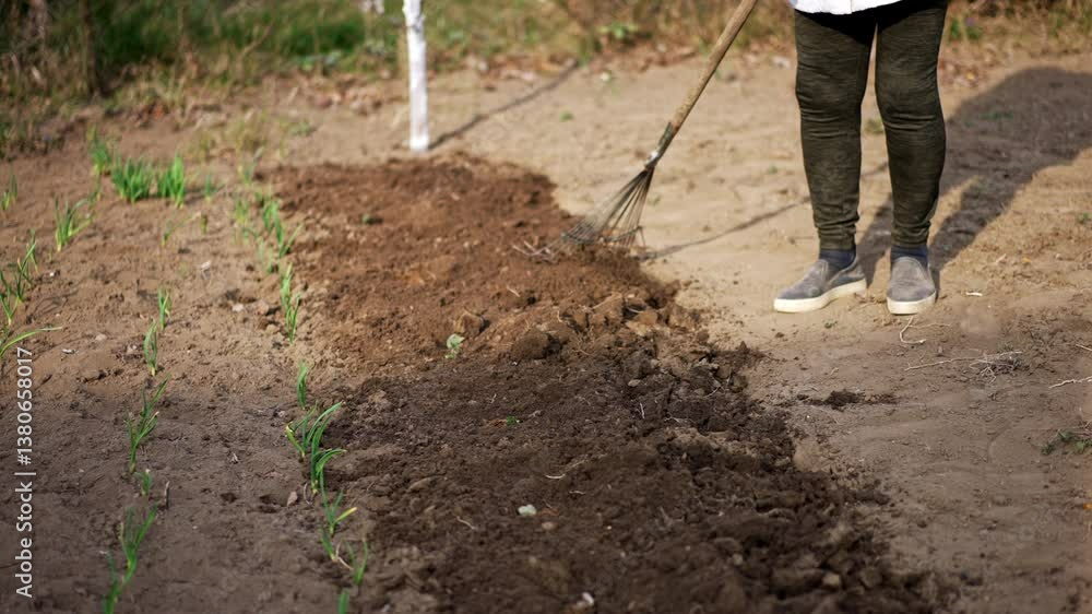 Unrecognized female uses rake to break the boulders on the freshly-dug ground. Spring works in the garden. Unrecognized female uses rake to break the boulders on the freshly-dug ground. Spring works in the garden.
