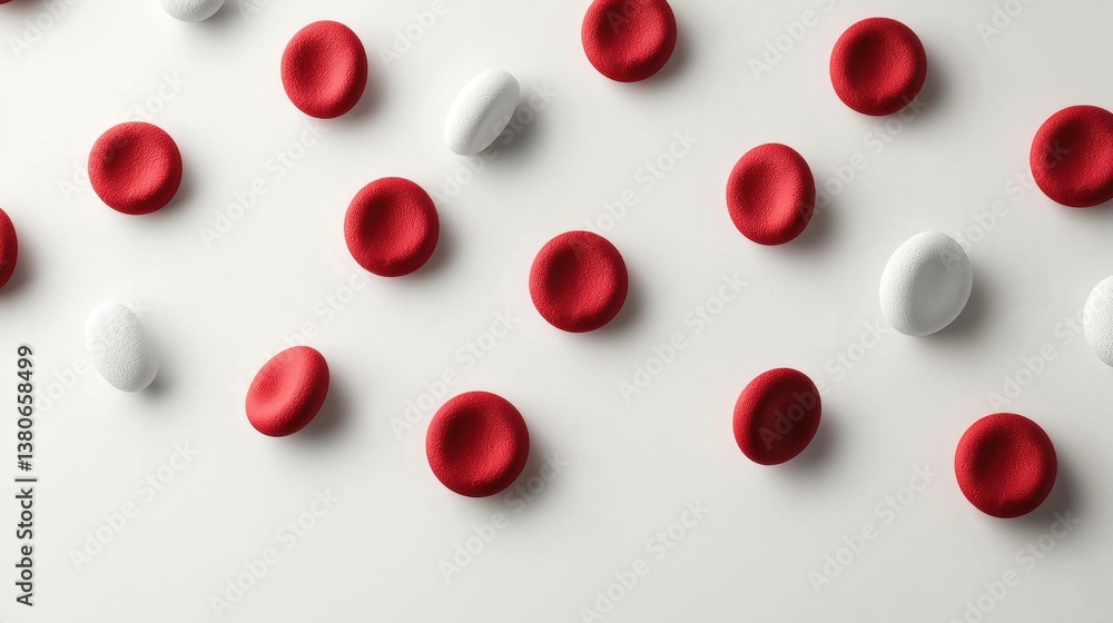 Red blood cells, resembling isolated red drops, suggest heart health and medical medication Red blood cells, resembling isolated red drops, suggest heart health and medical medication