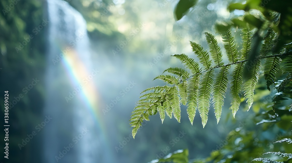 Fototapeta premium Lush Green Fern in Front of a Waterfall with a Rainbow and Gentle Mist in the Forest