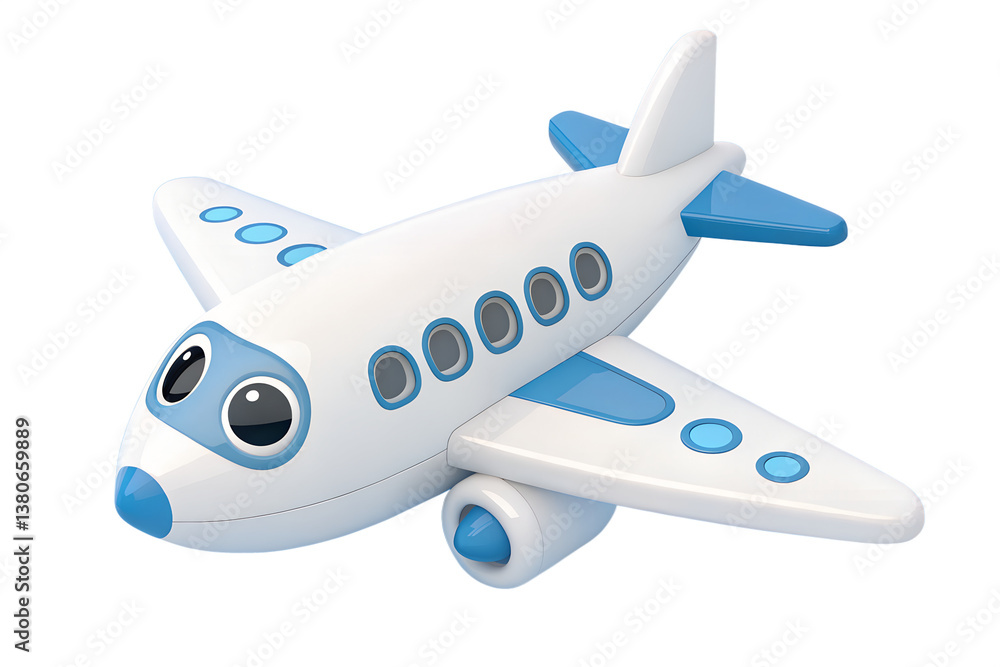 Fototapeta premium Flying plane icon. Cute, cartoon 3d realistic white airplane with blue portholes and wings, perspective view