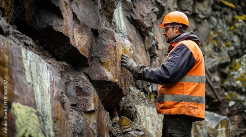 Geologist inspecting a rock formation for geological survey in outdoor setting
