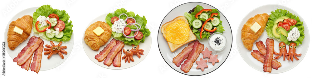Four fun and healthy breakfast plates with octopusshaped sausages. Four fun and healthy breakfast plates with octopusshaped sausages.
