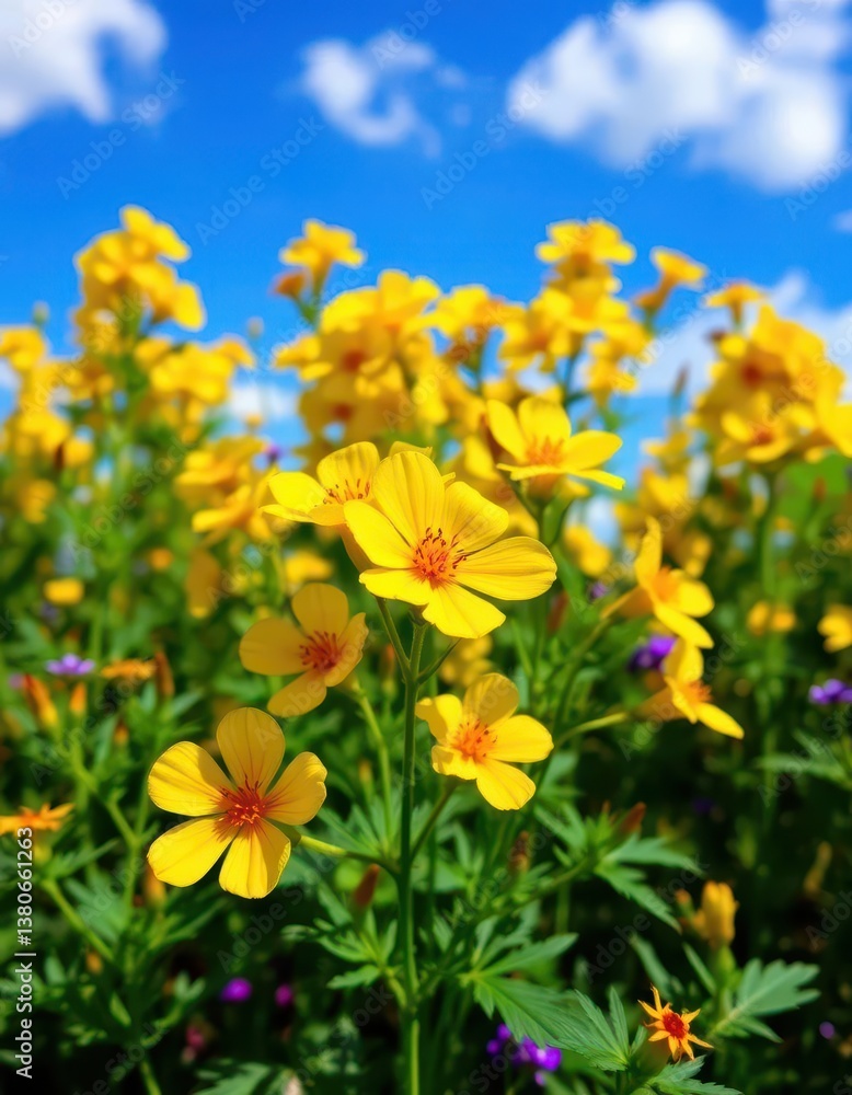 Fototapeta premium Bright yellow and orange Bacopa monnieri blossoms against a vivid blue sky in a vibrant herbal garden, wallpaper, botanical
