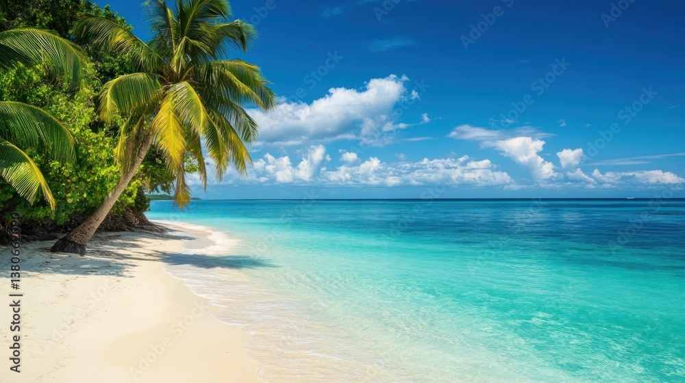 Fototapeta premium Idyllic tropical beach paradise with palm trees, pristine sand, and crystal-clear turquoise water