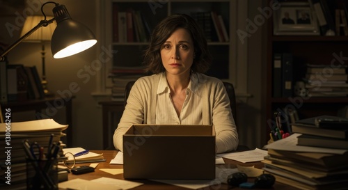 Woman Working Late at Desk - A woman sits at her desk late at night, working on her laptop with a lamp illuminating her face. She appears serious and focused
