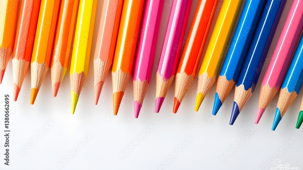 Vibrant Array of Colorful Pencils Arranged Neatly on a White Background for Creative Activities Vibrant Array of Colorful Pencils Arranged Neatly on a White Background for Creative Activities