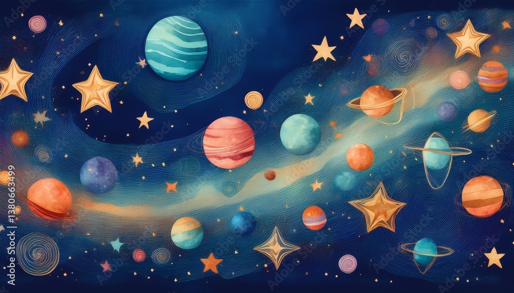 Fototapeta premium creative and beautiful border frame of bright and colorful stars and planets background, science graphic resource