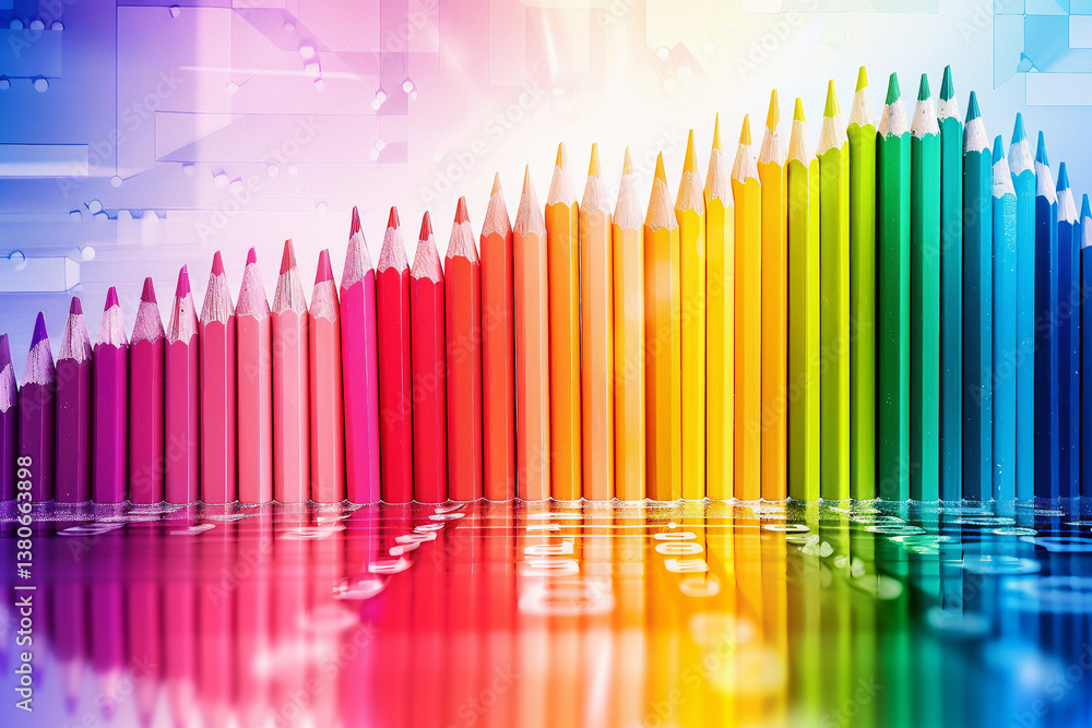 Row of colorful sharpened pencils arranged in a gradient with vibrant reflections on a textured surface. Art, creativity, and design concept. Row of colorful sharpened pencils arranged in a gradient with vibrant reflections on a textured surface. Art, creativity, and design concept.