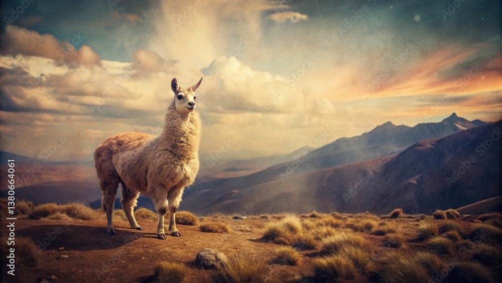 Fototapeta premium Vintage Photo of Majestic Alpaca in Andean Landscape