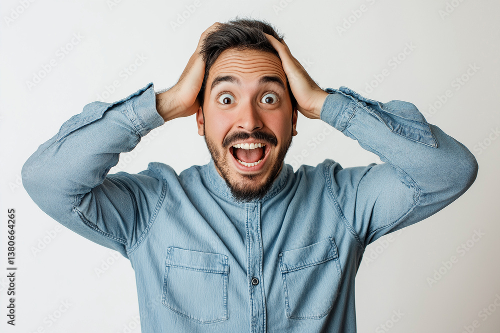 Surprised Man in Denim Shirt with Hands on Head Surprised Man in Denim Shirt with Hands on Head
