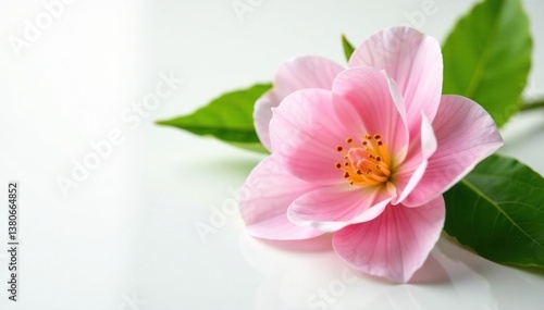 Delicate flower petals unfolding on a crisp white surface, white background, green leaves