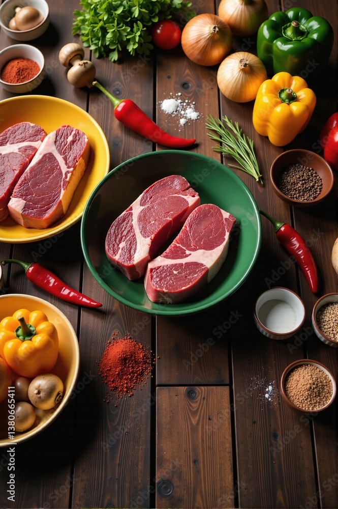 Overhead shot of raw beef steaks and assorted fresh vegetables, spices and herbs on a rustic dark brown wooden surface. Overhead shot of raw beef steaks and assorted fresh vegetables, spices and herbs on a rustic dark brown wooden surface.
