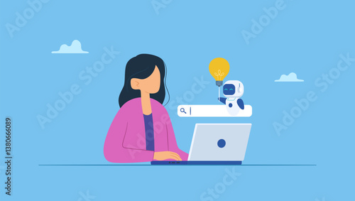 Woman working on laptop with robot gives an lightbulb idea. Virtual assistant gives ideas to content creators. AI makes things easy concept.
