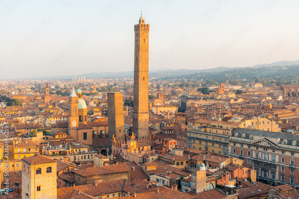 Bologna's iconic Two Towers, Asinelli and Garisenda, stand tall over the historic city.