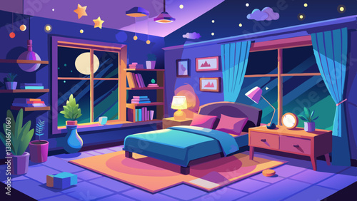 3d rendering of bedroom with cozy low bed at night with starry sky