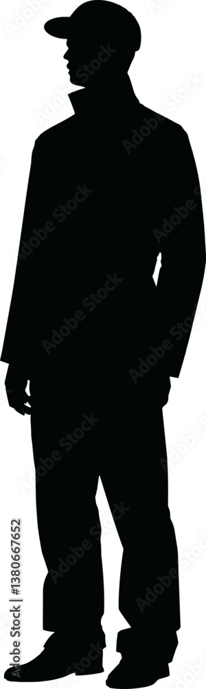Silhouette of a man in casual attire with a cap standing confidently Silhouette of a man in casual attire with a cap standing confidently