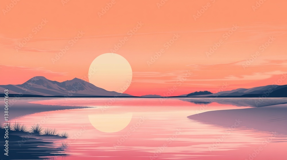 Minimalist landscape painting with a large sun setting over calm waters with distant mountains Minimalist landscape painting with a large sun setting over calm waters with distant mountains