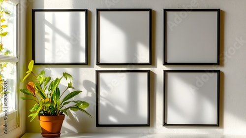 Empty Picture Frames on a Bright Wall with Natural Light and a Potted Plant in a Contemporary Home