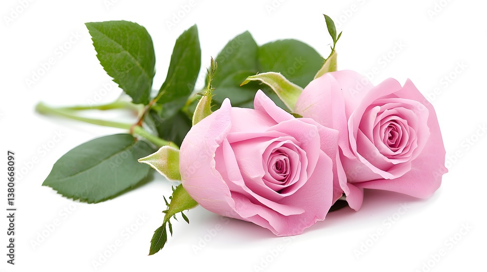 Bunch of Two Elegant Pink Roses with Green Leaves Isolated on White Background Bunch of Two Elegant Pink Roses with Green Leaves Isolated on White Background