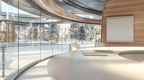 Contemporary Office Interior with Sleek Design and Winter Landscape View Through Large Windows