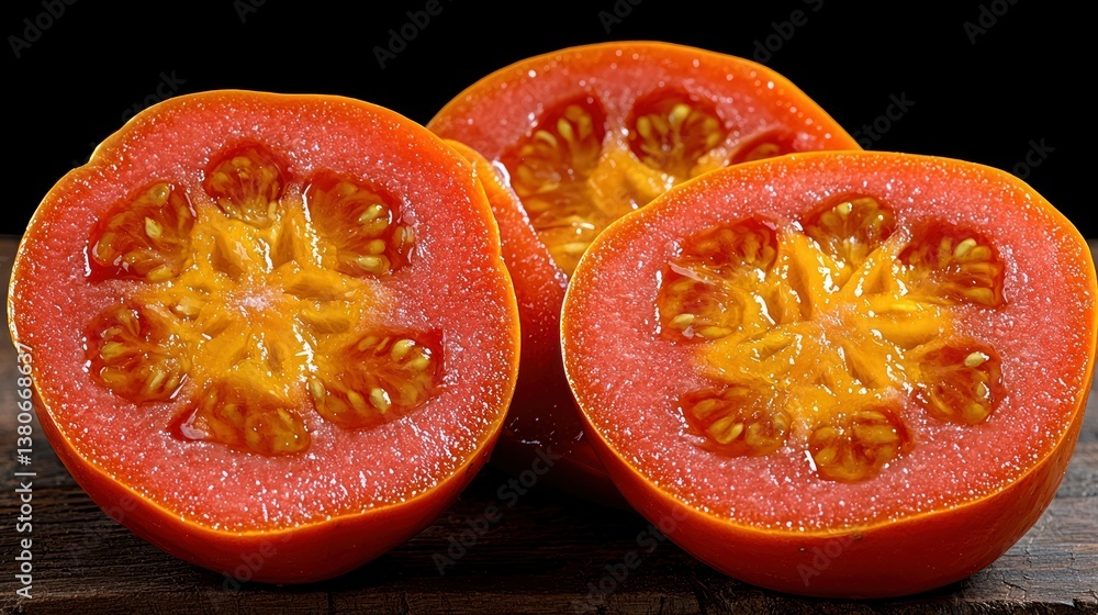 Close-up of Three Halved Tomatoes, Revealing Vibrant Orange and Red Hues, Seeds, and Juicy Pulp. A Detailed Macro Shot Displaying the Freshness and Texture of the Tomatoes. Close-up of Three Halved Tomatoes, Revealing Vibrant Orange and Red Hues, Seeds, and Juicy Pulp. A Detailed Macro Shot Displaying the Freshness and Texture of the Tomatoes.