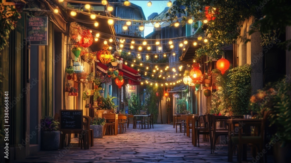 Charming alleyway with glowing lights and cozy cafes at twilight creating an inviting atmosphere Charming alleyway with glowing lights and cozy cafes at twilight creating an inviting atmosphere