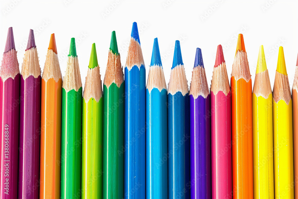 Close-up of a colorful row of sharpened colored pencils against a white background. Art, drawing, creativity, and school supplies concept. Close-up of a colorful row of sharpened colored pencils against a white background. Art, drawing, creativity, and school supplies concept.