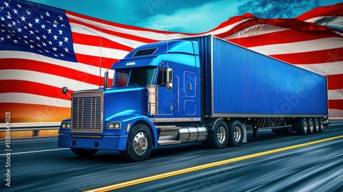 A sleek blue semi-truck cruises the highway with the majestic American flag waving behind it.