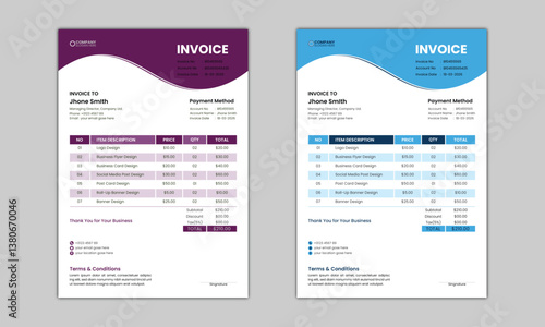 Creative Professional Business Minimal Invoice Design, Clean invoice template design. Simple Invoice Layout. Bill payment, Price receipt, Invoice bill, Invoice Set.	