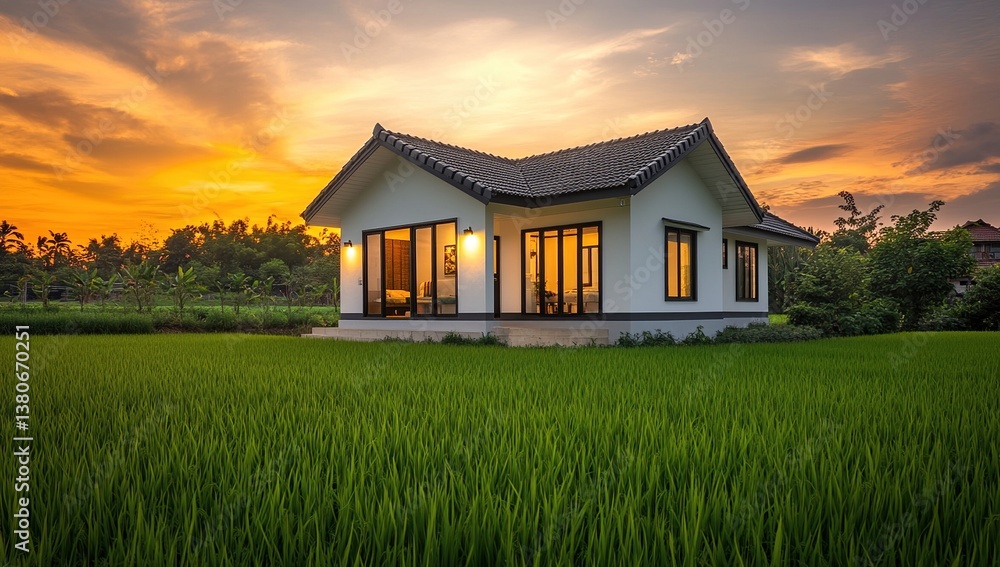 Modern House Design in Rice Paddy Field at Sunset: Stunning Architecture, Serene Landscape, Tranquil Home, Picturesque View, Dream Home Modern House Design in Rice Paddy Field at Sunset: Stunning Architecture, Serene Landscape, Tranquil Home, Picturesque View, Dream Home