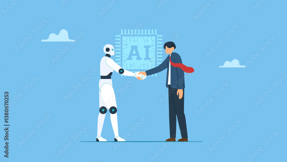 Businessman and AI robot handshaking. Working together with AI Artificial Intelligence, human cooperate with machine or robot, AI help or support coworker, assistance or partnership. Businessman and AI robot handshaking. Working together with AI Artificial Intelligence, human cooperate with machine or robot, AI help or support coworker, assistance or partnership.