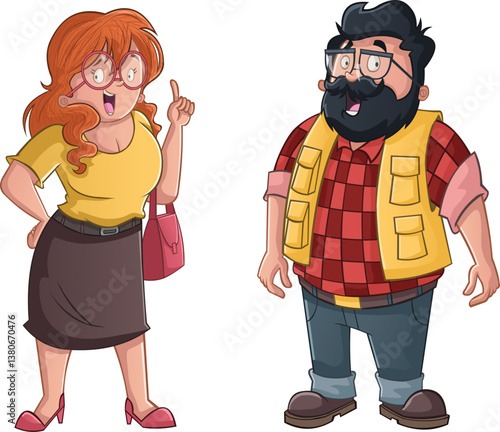 Couple of cartoon colorful people. Chubby people. Fat woman talking to fat man.
