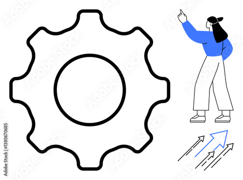 Gear and arrows signify functionality and progress. Woman pointing reinforces inspiration and direction. Ideal for innovation, teamwork, mechanics, growth, leadership, achievement, flat simple