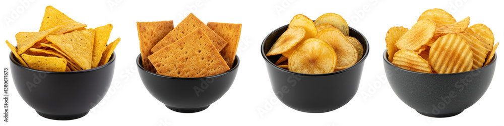 Fototapeta premium Four bowls of tortilla chips, crackers, and potato chips.