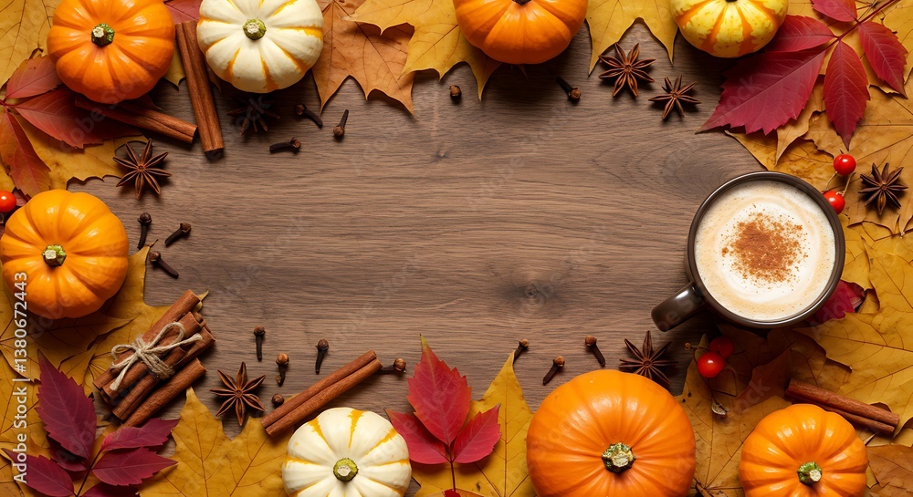 Autumn Harvest: Pumpkins, Spices, & Coffee Frame AI Generated Autumn Harvest: Pumpkins, Spices, & Coffee Frame AI Generated