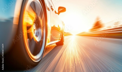 A sports car races at high speed with motion blur on a road at sunset.