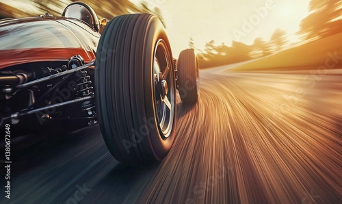 A vintage race car, captured in motion, speeding around a racetrack curve with motion blur.