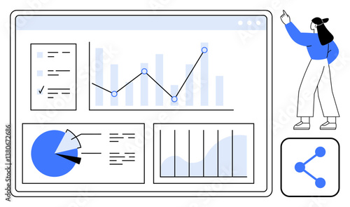 Dashboard with charts, graphs, and icons reviewed by professional analyzing insights. Ideal for analytics, business growth, strategy, data visualization, teamwork, decision-making flat simple